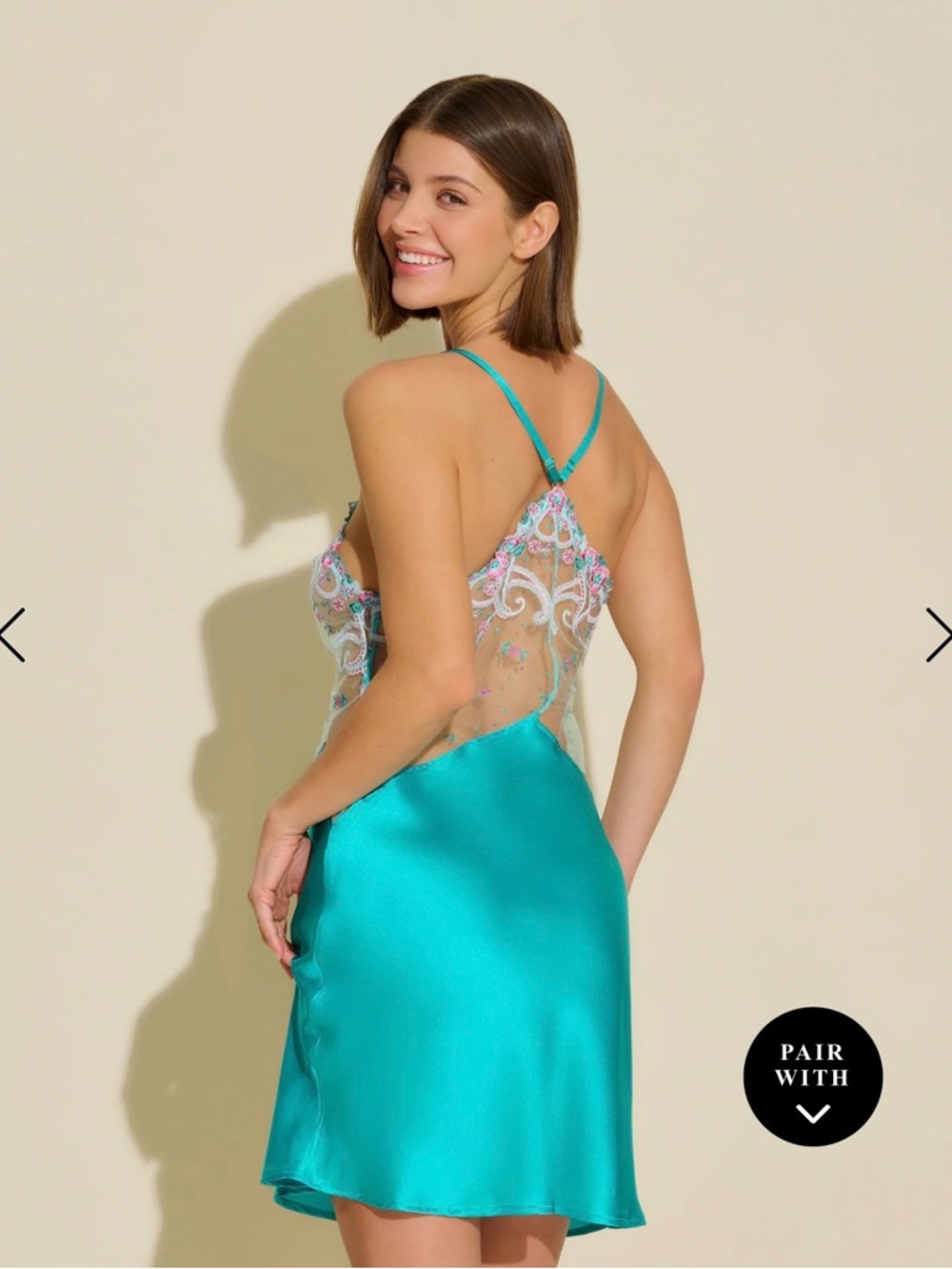 Cosabella Teal Satin Slip with Embroidered Sheer Bodice - Picture 2 of 3